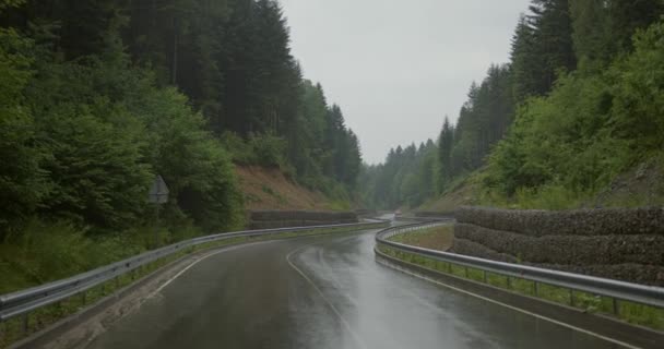 Camino de asfalto húmedo entre la montaña con hermosa naturaleza alrededor — Vídeo de stock