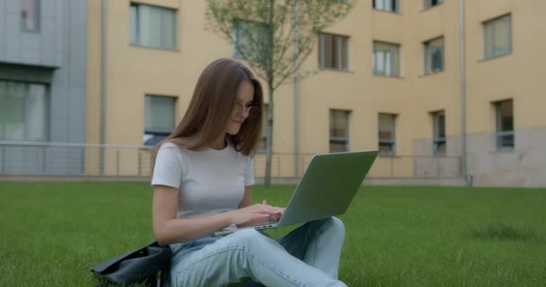 Mujer atractiva usando el ordenador portátil para estudiar al aire libre — Vídeos de Stock
