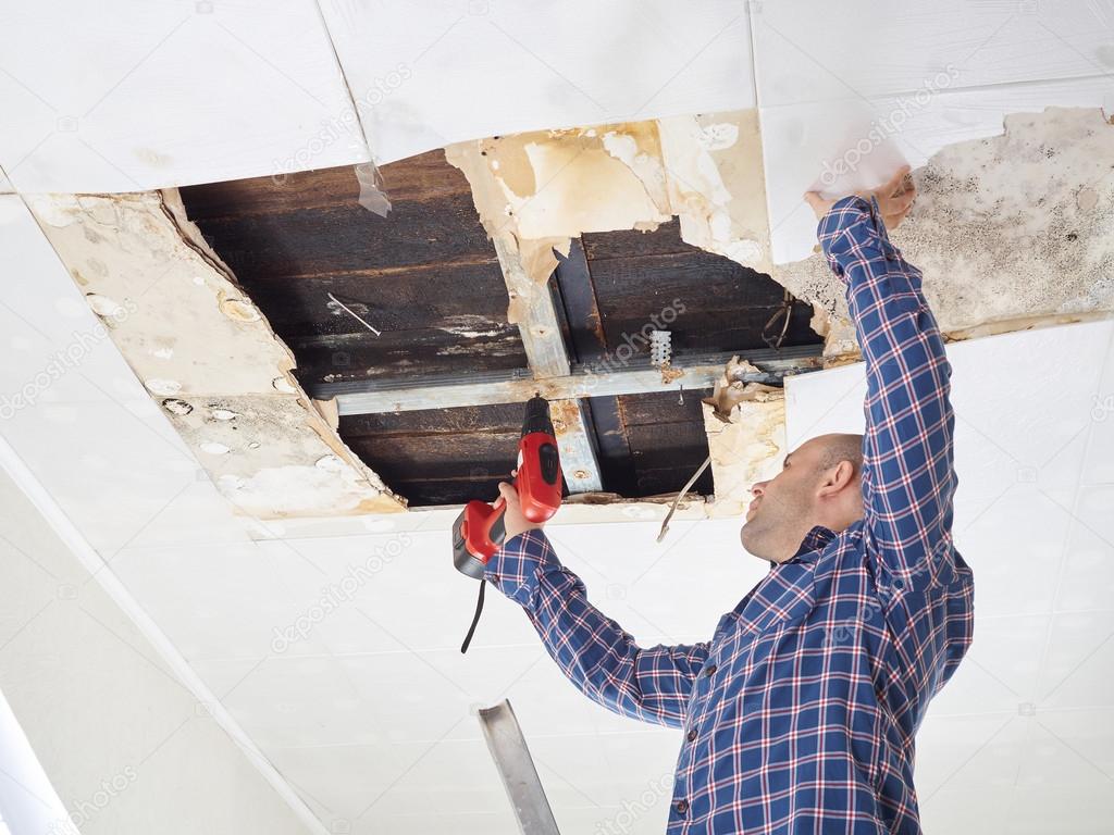 Man Repairing Collapsed Ceiling Stock Photo C Volkovslava