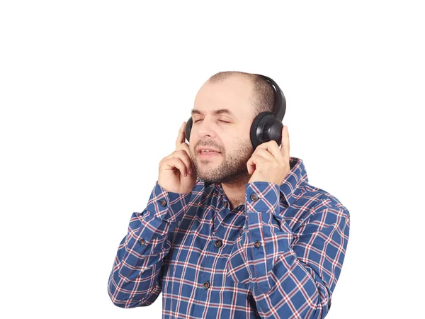 Men in headphones listens to music and sings. — Stock Photo, Image