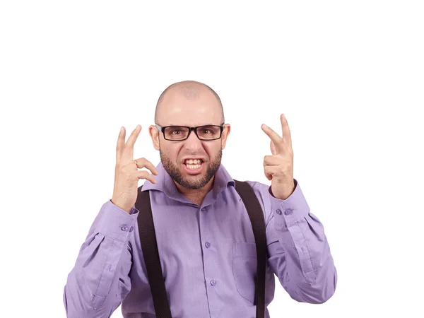 Homem careca furioso de óculos. Isolado sobre um fundo branco . — Fotografia de Stock