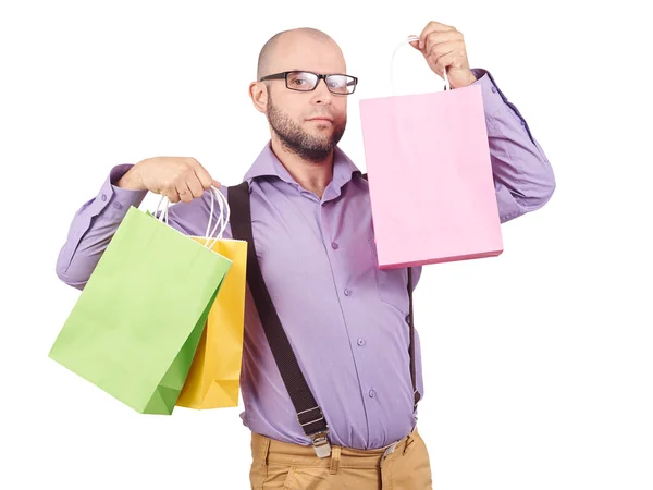 Muž s barevnými nákupní tašky papírové — Stock fotografie