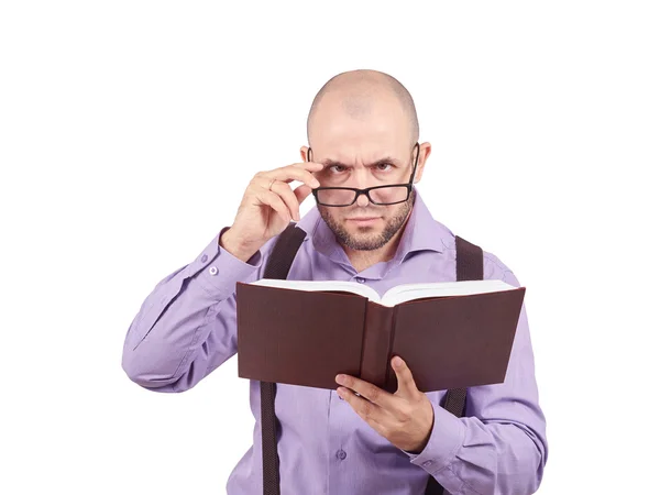 남자 백인 교수 읽기 책 스톡 사진