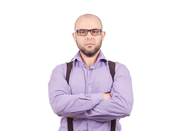 Ernster glatzköpfiger Mann mit verschränkten Armen — Stockfoto