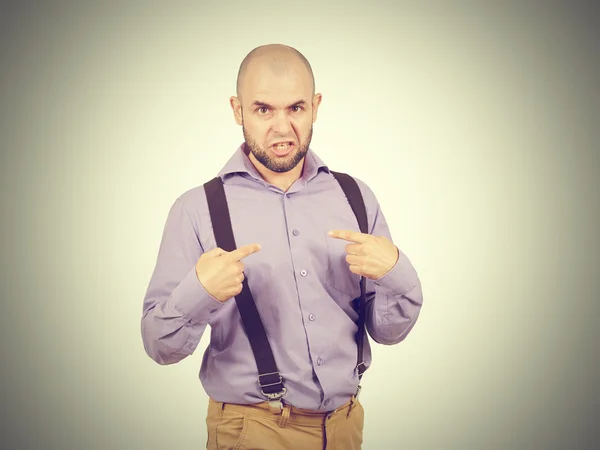 Portret homem careca com uma barba mostrando espanto — Fotografia de Stock