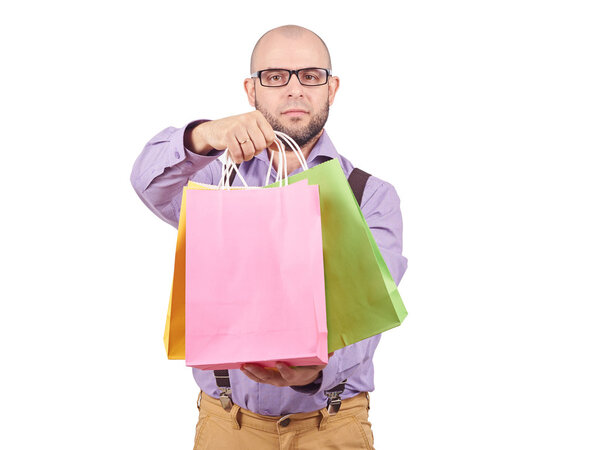 man  with colorful shopping paper bags