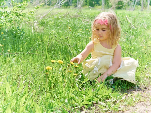 Mädchen sitzt auf Gras mit Blumen Löwenzahn. — Stockfoto