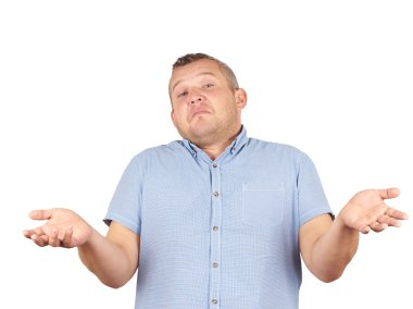 Şişman adam omuzlarında shrugging 