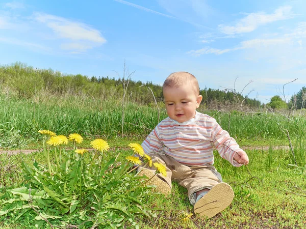 Sarı çiçek dandelions ile yeşil çayır üzerinde oturan bebek — Stok fotoğraf