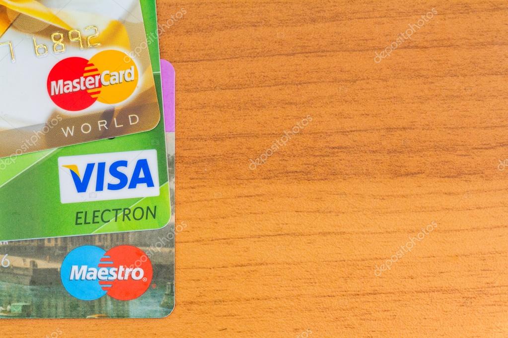 MOSCOW, RUSSIA-July 29, 2015: Credit cards Visa, Maestro, Mastercard.