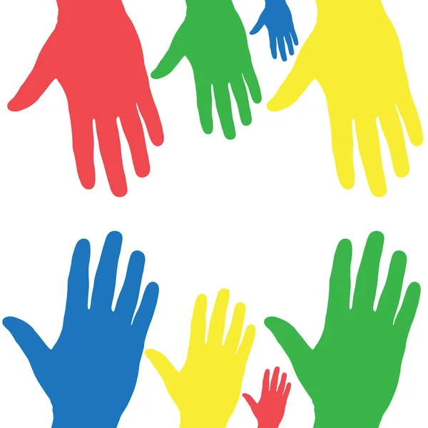 Colorful hands of different sizes on a white background — Stock Vector