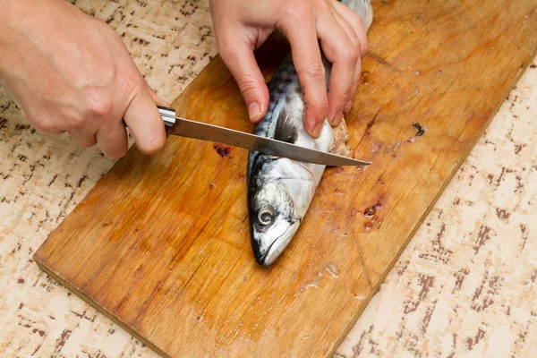 Uma mulher chef corta um barril de peixe em uma tábua de madeira — Fotografia de Stock