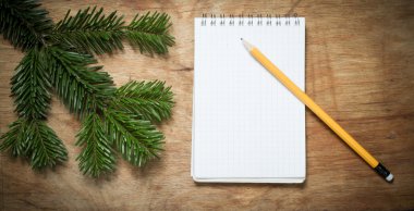 Kalem ve eski rustik masa üstünde not etmek bir köknar kepek ile dekore edilmiş