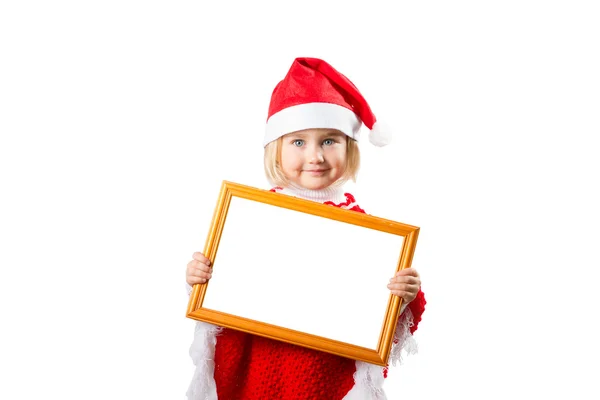Little girl in hat Santa Claus holding frame with a white backgr — Stock Photo, Image