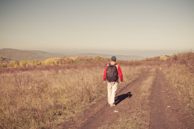Sırt çantası ile erkek turist kırsal bir yolda olduğunu