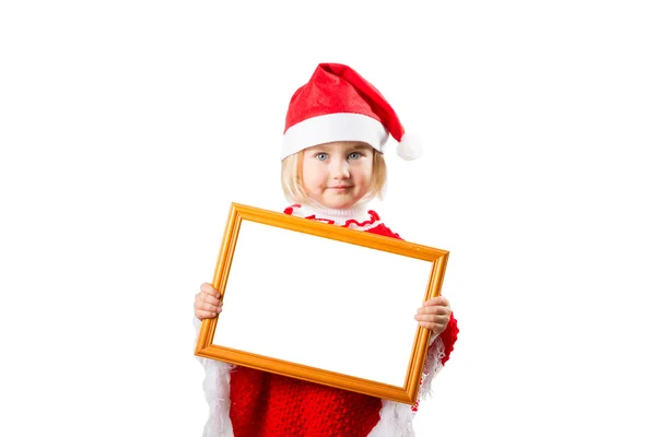 Little girl in hat Santa Claus holding frame with a white backgr — Stock Photo, Image