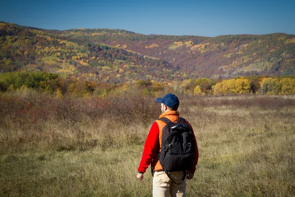 Turista masculino con mochila sotret en el horizonte en otoño —  Fotos de Stock