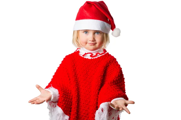 Niña en un sombrero Santa Claus sobre fondo blanco . — Foto de Stock