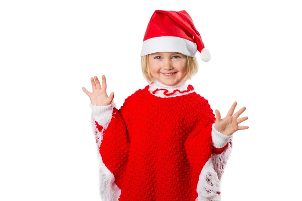 Little girl in a hat Santa Claus on white background. — Stock Photo, Image