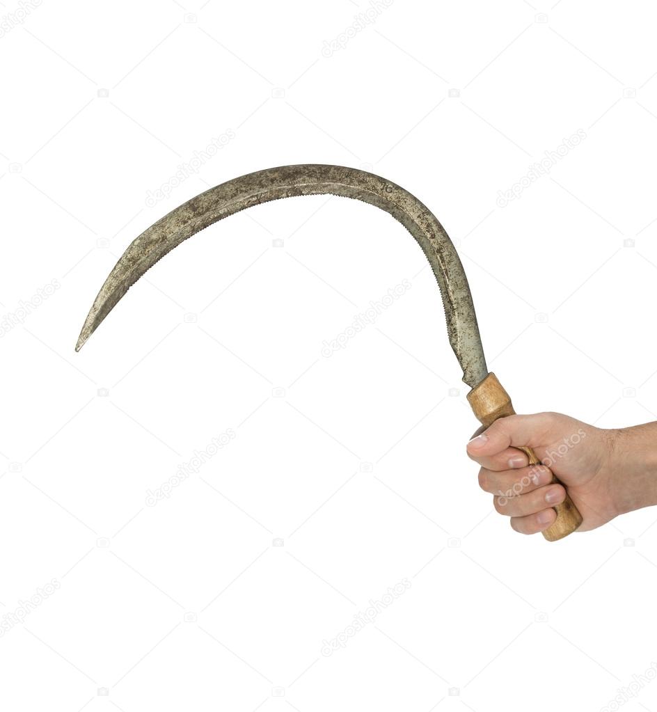 Man hand holding a rusted sickle