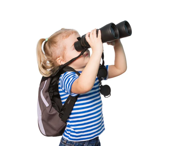 Little Funny girl looking through binoculars. — Stock Photo, Image