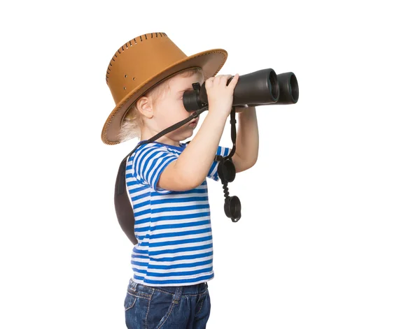 Little Funny girl looking through binoculars. — Stock Photo, Image