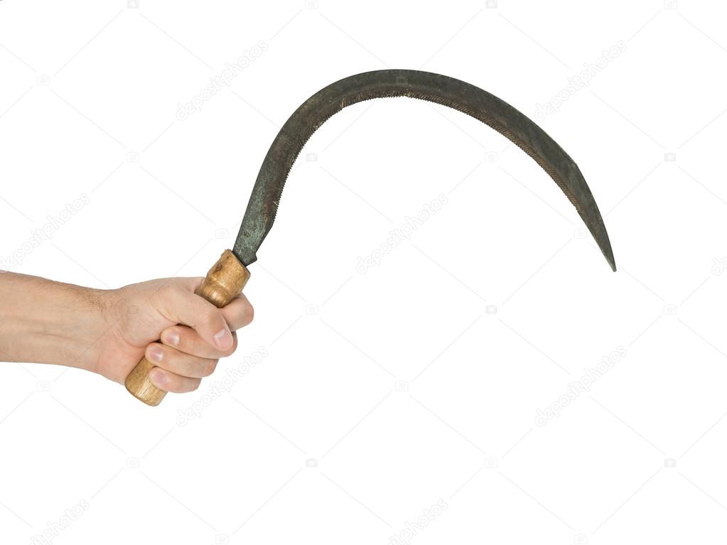 Man hand holding a rusted sickle