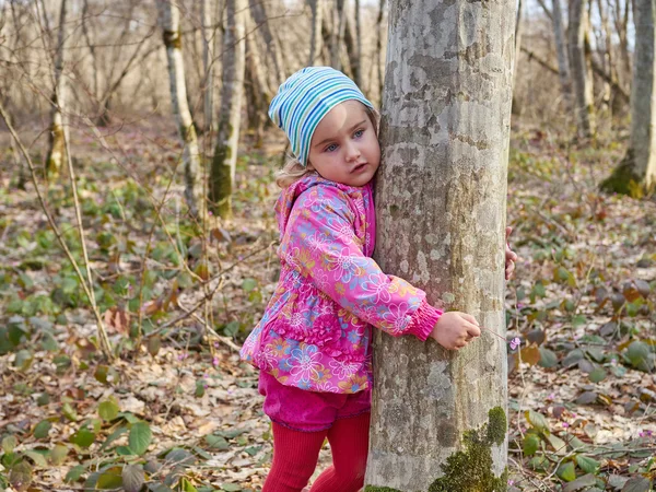 Linda niña abrazando un tronco de árbol en el bosque de primavera. —  Fotos de Stock