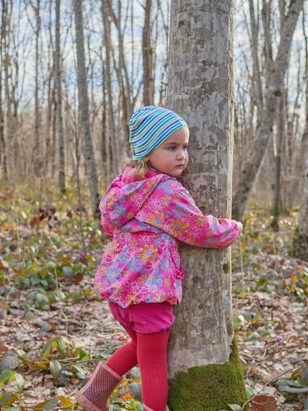 Cute little girl przytulanie pnia drzewa w lesie wiosna. — Zdjęcie stockowe