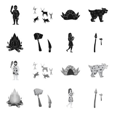 Evrimin vektör çizimi ve neolitik logo. Evrim dizisi ve ağ için ilkel hisse simgesi.