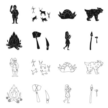 Evrimin vektör tasarımı ve neolitik ikon. Evrim koleksiyonu ve ağ için ilkel hisse senedi sembolü.