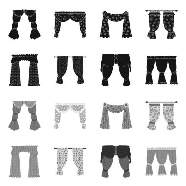 Perde ve perde sembollerinin vektör tasarımı. Depo için perde koleksiyonu ve vektör simgesi.