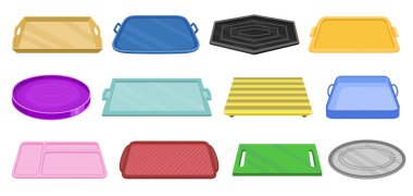 Yemek vektörü çizgi film ikonu seti için tepsi. Beyaz otlaktaki yiyecek için toplama vektör illüstrasyon tepsisi. Web tasarımı için izole edilmiş çizgi film çizim ikonu seti.