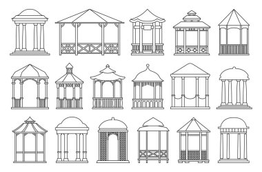 Pergola vektör ana hatlarının çardağı simgesi. İzole edilmiş dış hat seti ikon bahçe çardağı. Beyaz arkaplanda Pergola 'nın vektör illüstrasyon çardağı..