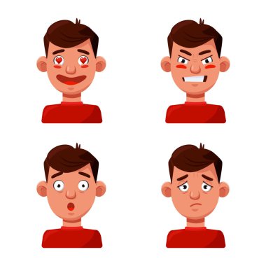 Yüz ve erkek ikonunun vektör çizimi. Yüz kümesi ve genç hisse senedi vektör çizimi.