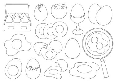 Tavuk yumurtası taslak çizgisi simgesi. Beyaz arka planda vektör illüstrasyon çiftlik tavukları. İzole edilmiş taslak set tavuk yumurtası.