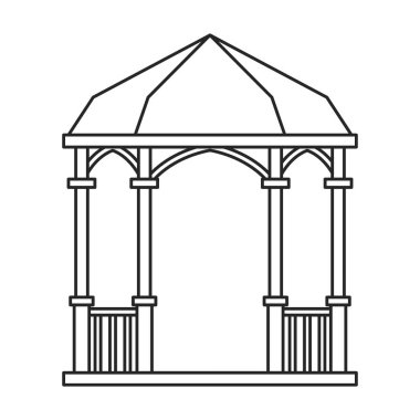 Çardak ahşap vektör ana hatları simgesi. Beyaz arka planda vektör illüstrasyon çardağı. Pergola 'nın izole edilmiş taslak çizim simgesi.