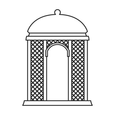 Çardak ahşap vektör ana hatları simgesi. Beyaz arka planda vektör illüstrasyon çardağı. Pergola 'nın izole edilmiş taslak çizim simgesi.