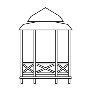 Çardak ahşap vektör ana hatları simgesi. Beyaz arka planda vektör illüstrasyon çardağı. Pergola 'nın izole edilmiş taslak çizim simgesi.