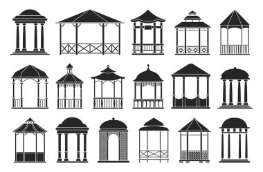 Pergola vektör siyah set simgesinin çardağı. İzole edilmiş siyah set ikonu bahçe çardağı. Beyaz arkaplanda Pergola 'nın vektör illüstrasyon çardağı..