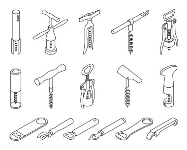 Tirbuşon vektör ana hatları simge ayarlandı. Isometric set simge açıcı şişe için. Beyaz arkaplanda vektör görüntüleme tirbuşonu .