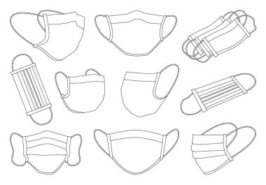 Tıbbi maske izole edilmiş dış hat simgesi. Vektör çizgisi ikon cerrahi koruyucu katman oluşturdu. Beyaz arkaplanda vektör illüstrasyon tıbbi maskesi.