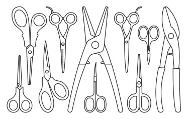 Beyaz arkaplanda makas vektör çizimi. Clippers vektör çizgisi simgesi. İzole edilmiş dış hat simge makasıName.