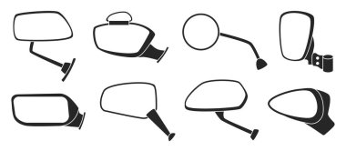 Yan ayna vektörü siyah set simgesi. Beyaz arka planda vektör illüstrasyon otomobil camı. siyah set kenar aynası.