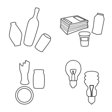 Atık ve çöp ikonunun vektör tasarımı. Stok için atık ve ayrılma vektörü simgesi kümesi.