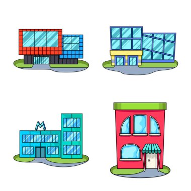 Süpermarket ve inşaat sembolünün vektör tasarımı. Süpermarket ve şehir hisse senedi temsili seti.