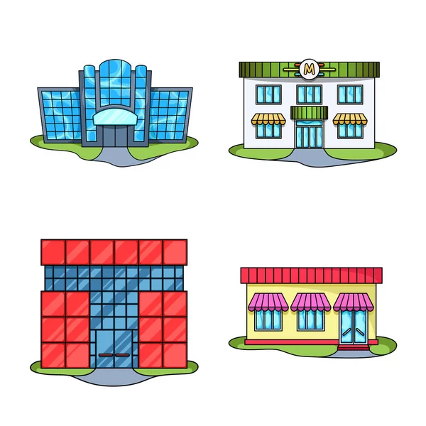 Objet isolé de supermarché et symbole du bâtiment. Ensemble d'illustrations vectorielles de supermarchés et de villes. — Image vectorielle