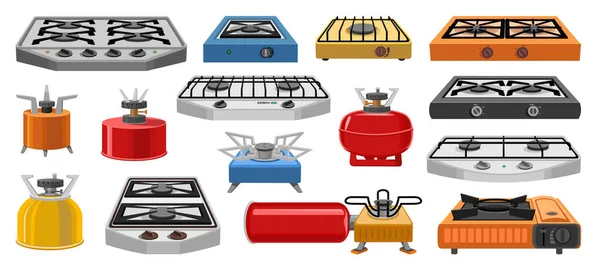 Camping stove vector cartoon icon set . Collection vector illustration furnace travel on white background.Isolated cartoon illustration icon set of camping stove for web design. — Stock Vector