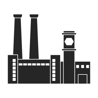 Fabrika inşa vektör simgesi. Siyah vektör simgesi beyaz arka plan fabrika binasında izole edildi.