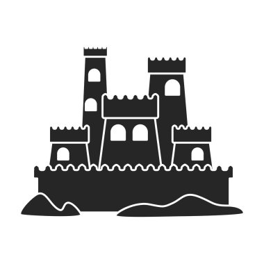 Kumdan kale vektör simgesi. Siyah vektör simgesi beyaz arkaplan kum kalesinde izole edilmiş..